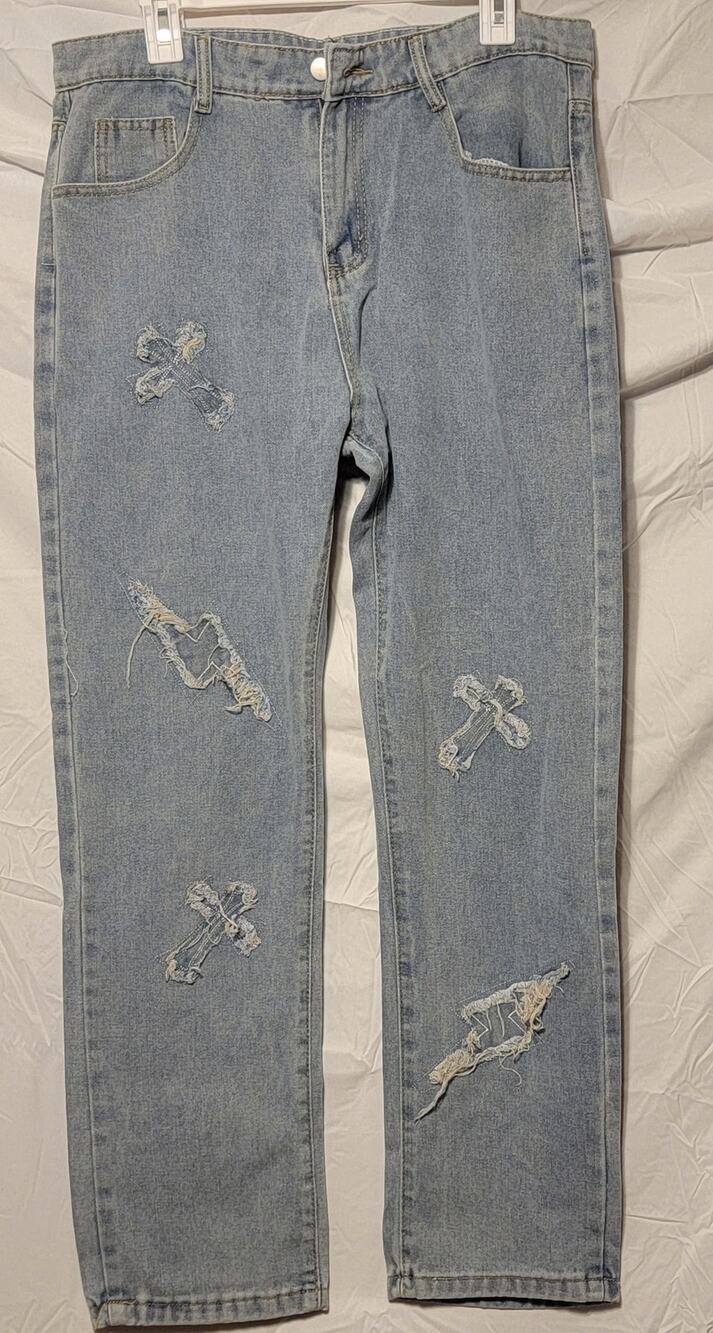 Luxury Brand Patch sewn Blue Jeans Size Med Fit 12 loose fit